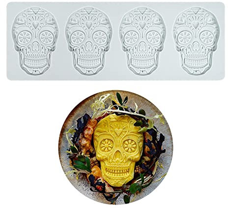 Stampo per torta in pizzo, stampi per fondente in pizzo in silicone, stampo per impressione di zucchero artigianale, decorazione di cucina molecolare per torta commestibile, 4 fori teschio