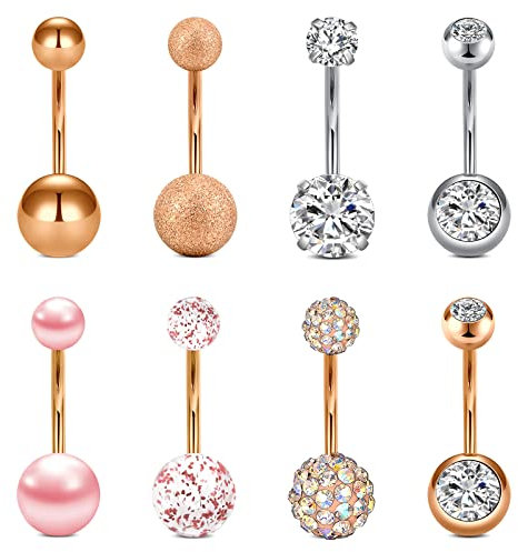 Incaton 14G Bauchnabelpiercing 12mm Nabelpiercing Ring Banane Piercing mit Kristall Kugeln Piercing Schmuck Set aus Chirurgenstahl 8stk