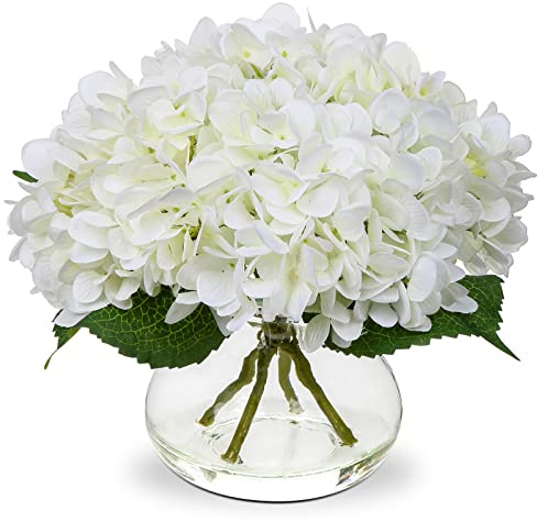 Hollyone Hydrangea Artificial Flowers with Vase White Silk Fake Flowers Arrangements in Glass Vase with Faux Water for Home Bathroom Office Table Centerpiece Shelf Decorations