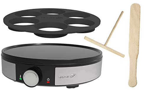 Crepiere électrique 1200W Fagor FG985 pour crêpes 30cm ou 5 mini-crêpes/pancake, revêtement anti adhésif inclus empiècement silicone 5 pièces, répartiteur de pâte en T, spatule en bois