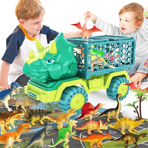 JKGIFTS Dinosaur Truck Toy for Kids Age 3+, Triceratops Transport Car Carrier Truck with 15 Dino Figures Activity Play Mat Egg and Trees Dinosaur Escape Play Set Boys Girls Easter Birthday