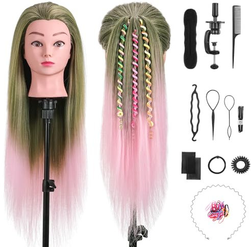 Frisurenkopf, TopDirect 75cm/29.5 Zoll 100% Synthetisches Haar Trainingsköpfe für Friseure, Übungskopf Friseur Puppe Mannequin Kopf mit Tischhalter + DIY Haare Frisuren Set, Grasgrün + Rosa