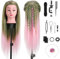Frisurenkopf, TopDirect 75cm/29.5 Zoll 100% Synthetisches Haar Trainingsköpfe für Friseure, Übungskopf Friseur Puppe Mannequin Kopf mit Tischhalter + DIY Haare Frisuren Set, Grasgrün + Rosa