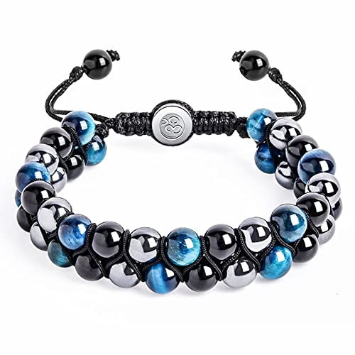 Chakra Armband Damen Schwarz, Freundschaftsarmbänder Tigerauge Obsidian 8mm 2-Lagige Obsidianperle 30cm Kristall Herren Schmuck