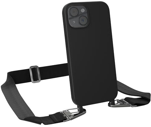 EAZY CASE - Hülle mit Band kompatibel mit iPhone 15 Handyhülle mit Umhängeband Silikonhülle Schwarz Handykette zum Umhängen Handykordel Schutzhülle für Smartphone in Schwarz - Clips Silber