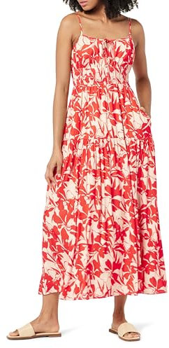 The Drop Tavia Tie-Front Tiered Maxi Dress Robe Longue, Imprimé Feuillage Rouge Tomate, XL