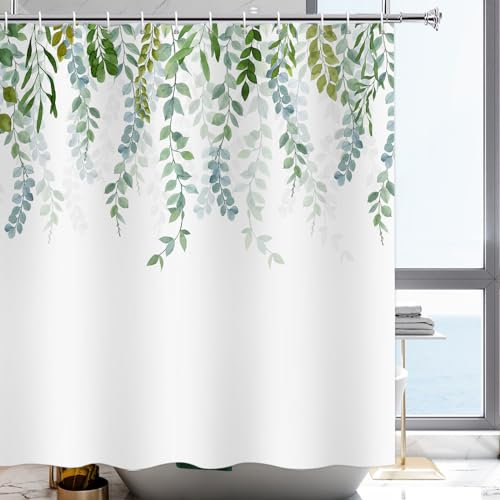 YISURE Duschvorhang Grün Eukalyptus Blätter 220 Höhe, Polyester Pflanze Natur Stoff badewanne Textil waschbar mit Gewicht für Badzimmer, Breite 200 x Höhe 220cm
