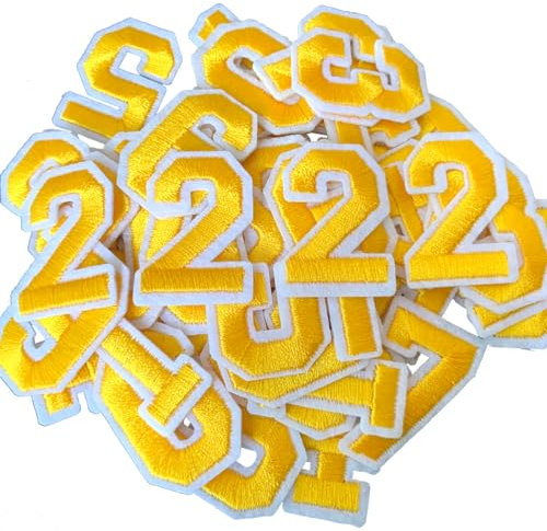 WILDREEDS 40 Pcs Numbers Patch, Number 0-9 Embroidered Patches with Ironed Adhesive, DIY Iron Patches for Shirts Jackets Hats Jeans Shoes Bags (Yellow)