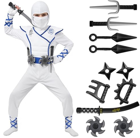 Spooktacular Creations Halloween Ninja Costume, White Ninja Outfit Set for Kids, Halloween Costumes with Accessories for Boys Dress Up and Role Play Party (Medium, 8-10 yrs)