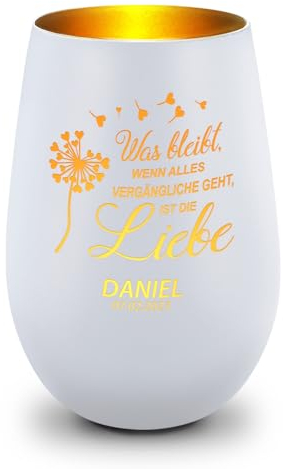 GRAVURZEILE Deko Windlicht aus Glas mit Gravur - was bleibt, wenn Alles Vergängliche geht - Personalisiert - Trauerlicht für Teelichter und Kerzen - Grabschmuck zur Beerdigung - Weiß/Gold