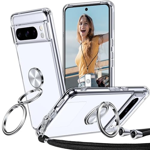 XYZ für Google Pixel 8 Pro Hülle mit Band, Doppelring Ständer HandyHülle Dünn Stoßfeste Anti-Kratzt SchutzHülle für Pixel 8 Pro Case - Clear