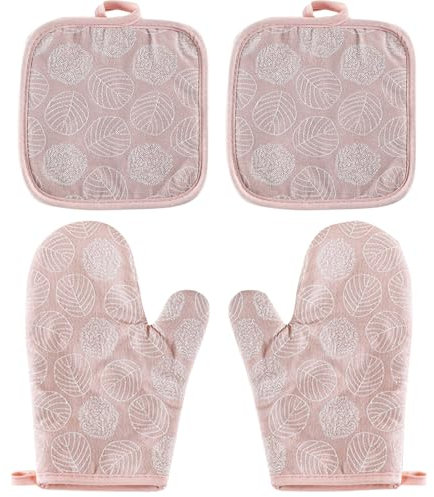 DHWEKU 1 Paar Ofenhandschuhe und 2 Topflappen, Baumwolle rutschfeste Topfhandschuhe, Waschbare Backofenhandschuhe, Hitzebeständig Kochhandschuhe zum Kochen Backen Grillen