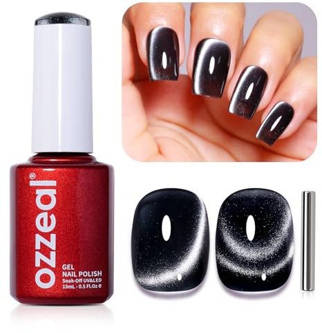 Ozzeal Cat Eye Gel Nail Polish, 0.5 Fl Oz Black Magnetic Gel Nail Polish With Magnet UV LED Holographic Glitter Gel Nail Polish Diamond Shimmer Sparkle Gel Polish Nail Art DIY Manicure
