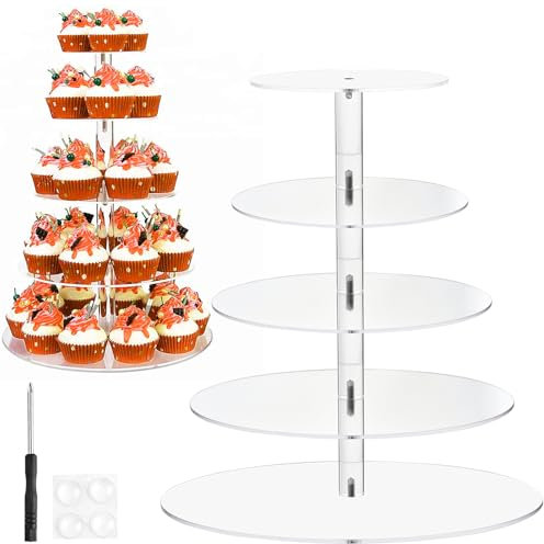 Akamino 5 Tier Cupcake Stand, Round Tiered Cake Stand,Clear Acrylic Cake Display Holder Dessert Pastry Tower for Birthday,Wedding,Party