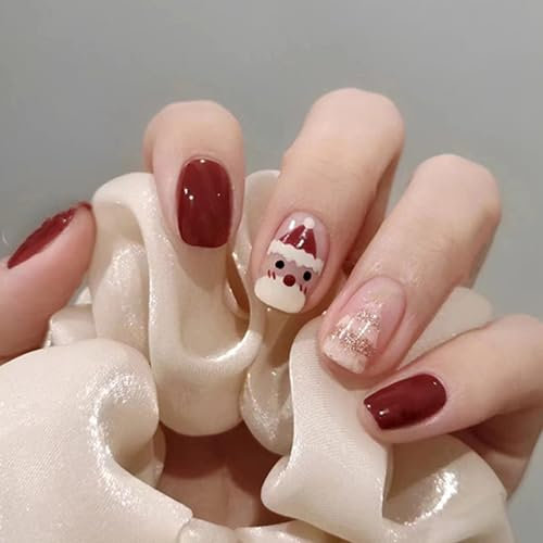 Christmas Nails Short, 24pcs Christmas Press On Nails, Red Cute Snowman Stick On Nail Glue On Nail False Nails With Glue