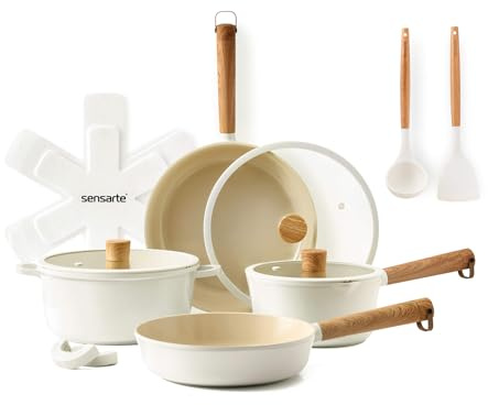 SENSARTE Juego de utensilios de cocina antiadherentes de cerámica, no tóxicos, juego de ollas y sartenes saludables con revestimiento de cerámica, libre de PFAS/PTFE añadido intencionalmente