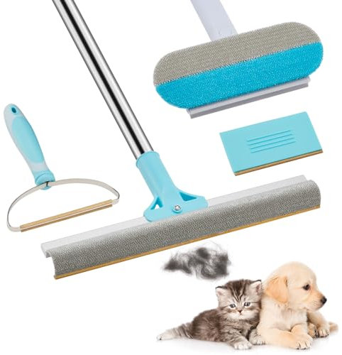 Iptienda Pet Hair Remover, 4 Packs Lint Remover Set for Dogs & Cats, Reusable Carpet Rake with 125cm Handle, Lint Roller for Clothes, Carpet, Rugs, Sofa, Cushion and Bedding