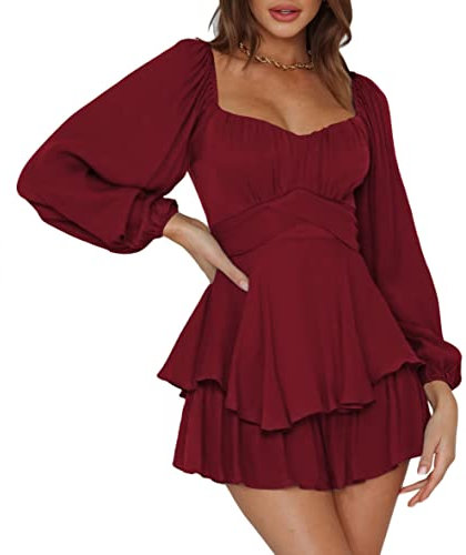 Pink Queen Damen Boho Jumpsuit Laterne Langarm Rüschenschicht Fliege Rücken Taille Mini Kleid Kurzer Strampler Rubin M