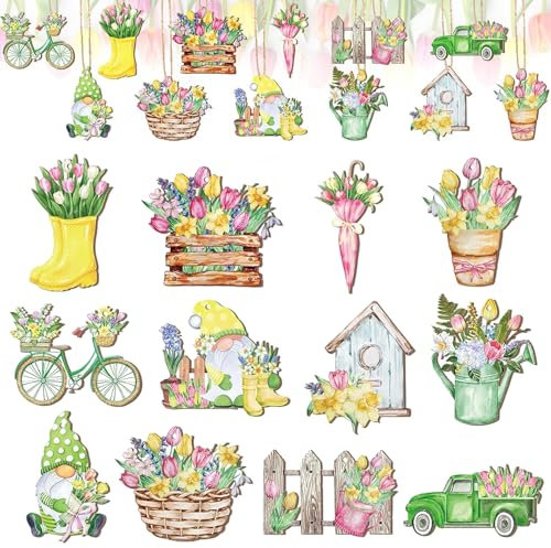 Pack of 12 Spring Flowers Hanging Gnome Wooden Ornament Embellishment for Crafts Wooden Pendant for Spring Summer Themes, Baby Shower Decoration (A)