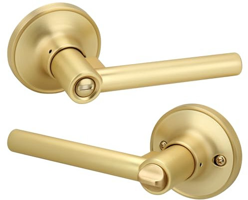 Gaurqiah Brushed Gold Privacy Door Handle, Round Design Keyless Door Lever with Lock, Reversible Door Lever for Bathroom Bedroom, Satin Brass