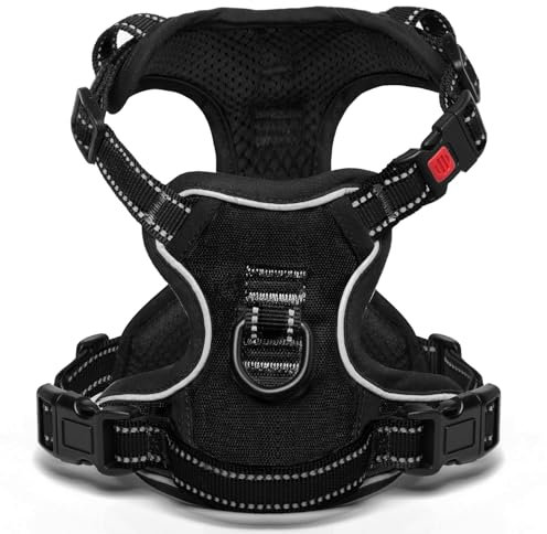 [Neueste Hundegeschirr] BaoCheng Anti Pull Hundegürtel,Kleine/mittlere/große Hunde,Atmungsaktives Mesh, Einfaches Be-und Entladen,3 Schnallen, Sicherheit,Entlastet Husten,Reflektierend(Schwarz,S)