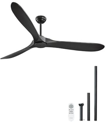 VEVOR 180 cm Deckenventilator ohne Beleuchtung, 6-Gang-Fernbedienung, 3 Holzflügel, umkehrbarer Gleichstrommotor, Außenventilator für Schlafzimmer, Wohnzimmer, Terrasse, Innen-/Außenbereich, schwarz