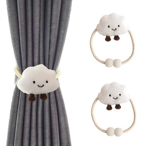Niedlicher Wolken-Vorhanghalter, 2 Stück, Dekorative Raffhalter für Gardinen, Plüsch-Design mit Perlendetails, 50 cm Länge, Beige Kordel