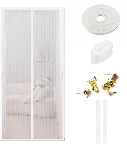Magnetic Door Screen Heavy Duty Insect Screen Mesh 90x210cm Door Curtain | Fly Screen Anti Mosquito Mesh with Magnets & Magic Tapes, Fly Nets for Doors Bedroom Patio Balcony Keeps Bugs Out (White)