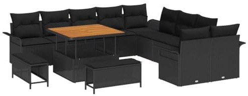 vidaXL 13-teiliges Garten-Sofa-Set mit Kissen in Schwarz aus Poly Rattan – bequemes Sitzen für bis zu 8 Personen. Stylische Gartenmöbel für Terrasse und Balkon zum Entspannen!