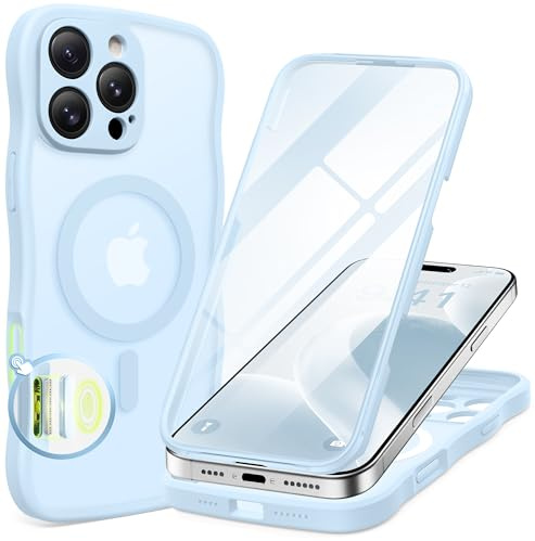 BERFY for iPhone 16 Pro Max Case for Women Girls, [Compatible with MagSafe] [Built-in Glass Screen Protector and Camera Protection]Cute Wave Matte Full Body Phone Case for iPhone 16 Pro Max,Light Blue