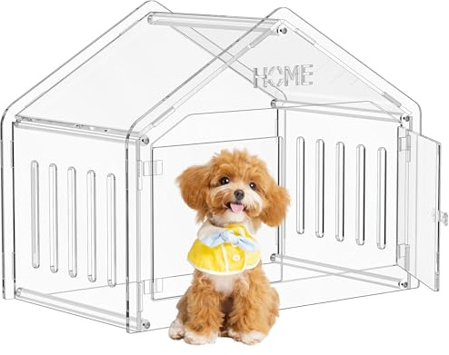 Solaround Transparente Acryl-Hundehütte, Hausförmiges Design, Katzenhaus Hundehöhle Haustierhaus für Kleine Hunde und Katzen, mit Aufklappbarem Tür