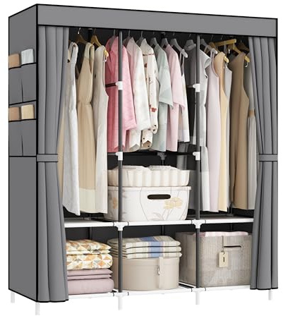 OPPAIYA Large Canvas Wardrobe 125cm Wide, Fabric Wardrobe with 3 Hanging Rails & 8 Side Pockets, Portable Closet with Shelves for Bedroom, Camping & Temporary Storage (125x45x165cm, Grey)