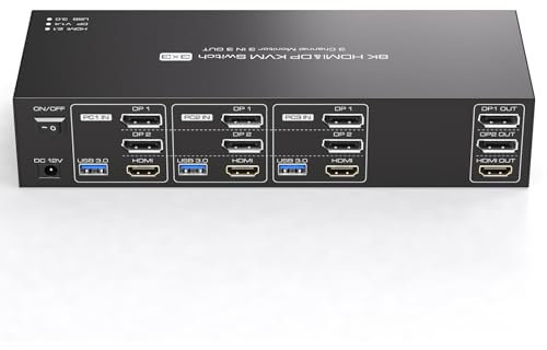 TJCXELE 8K60Hz HDMI+2 Displayport KVM Switch 3 PC 3 Monitores USB 3.0 Conmutadores KVM Triple Monitor 4k144Hz para Comparte y 4 Dispositivos con Control Remoto