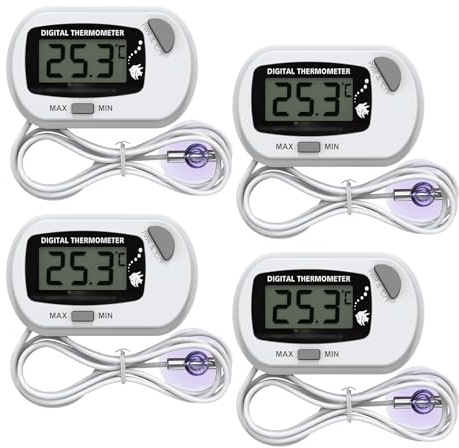 Aquarium Thermometer Digital, 4er Set Thermometer mit Sonde und Saugnapf, mit LED Display, Wasserthermometer Digital für Aquarium, Aquarium, Meeresreptilien, Terrarium, Weiß