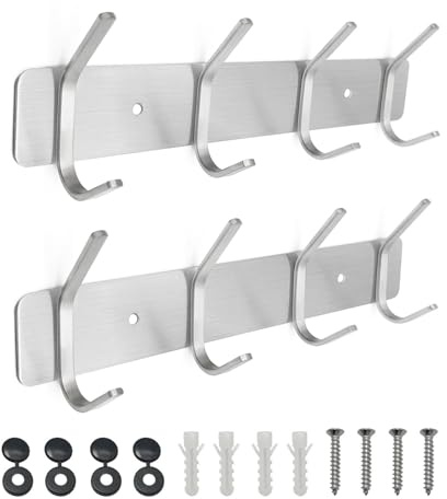 SYPEN Kleiderhaken Wand, Wandgarderobe Edelstahl, Hakenleiste Garderobe für Schlafzimmer Bad, Garderobenhaken für Kleidung, Jacken Halter (Silber, 4 Haken, 2 Stück)