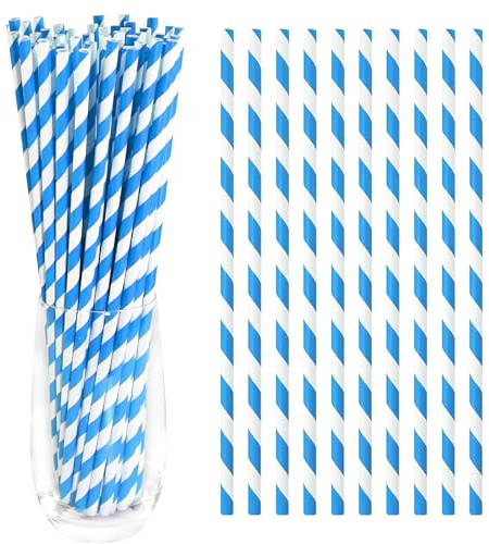100 Stück Oktoberfest Deko Strohhalme, Oktoberfest Deko Strohhalme, Blau-Weiß Gestreift Biologisch Abbaubare Papierstrohhalme für Geburtstag Neujahr Party-Deko-Zubehör Cocktail Hochzeit