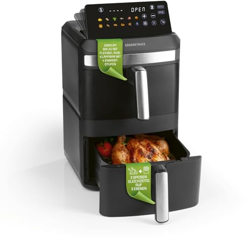 GOURMETmaxx FryUp XL vertikale Doppelkammer Heißluftfritteuse - 12 L | Airfryer mit 9,6 Zoll Multi-Colour LED-Touchdisplay & 12 Programmen | Heißluftfritteuse 2 Kammern | SYNC- & MATCH-Funktion