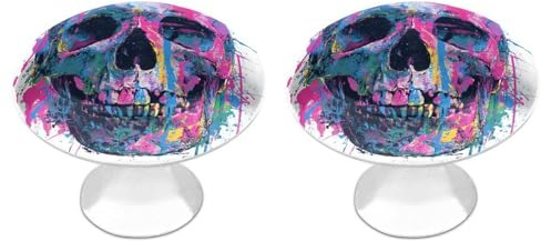 Jubonexis Graffiti-Totenkopf mit Neon-Spritzern, runde Schubladenknöpfe mit Schrauben, 2 Stück, Schubladen-Kommode, Türknauf, Dekoration für Kleiderschrank, Zuhause, Büro, Küche