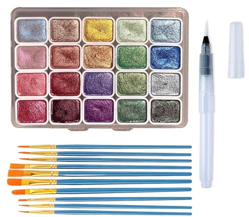 pozuauoa 12Pcs Watercolour Paint Set Pearlescent Watercolour Paints with 11pcs Paintbrushes, Portable Water Colour Paints Sets for Beginners and Painting Enthusiasts Solid Glitter Watercolor Paint