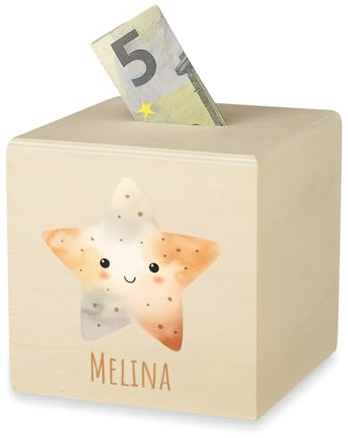 polar-effekt Personalisierte Holz-Spardose für Mädchen & Jungen - Bedruckte Sparbüchse zur Einschulung - Dekoration für Kinderzimmer - Individuell veredelt - Motiv Stern