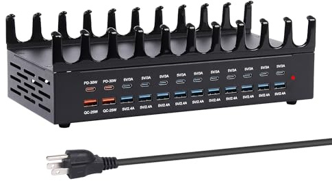 380W Ladestation für mehrere Geräte - 24 Ports USB Schnellladestation mit 30W Power Delivery, Multi Charger Dock für Telefon Tablet, Zuhause, Büro, Schule