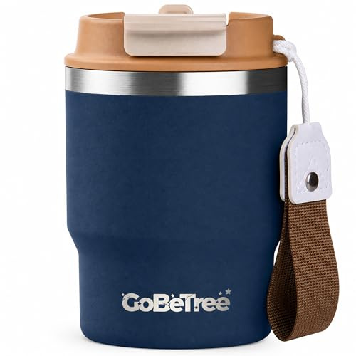 GoBeTree Termo Café 360 ml Acero Inoxidable Azul Marino Media Noche. Vaso térmico café para llevar pequeño con doble pajita, tumbler y vaso 360 ml para oficina, coche y viajes