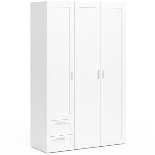 IDMarket - Armoire 3 Portes VITO Blanc | Largeur 120 cm avec penderie, 2 tiroirs et étagères