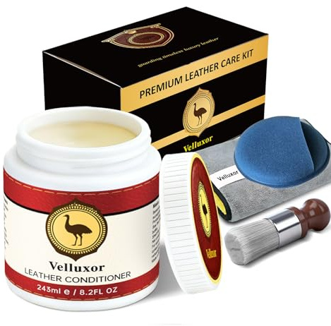 Velluxor Leather Balsam 243ml, Natural Leather Care, Natural Balm, Conditioner & Restorer, Leather Furniture Salve, Polish & Protector for Handbags, Car Seats, Boots, Shoes, Jackets, Couch & Saddles