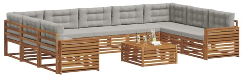 vidaXL Sofagarnituren 10 pcs Natürlich und Hellgrau Massivholz Akazie, Moderner Garten-Sofa, Outdoor-Sitzgruppe, Lounge-Set für die Terrasse, bequem und robust