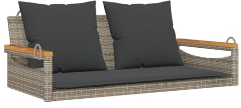 HFXHIJXQ Hollywoodschaukel mit dicken Kissen aus grauem Poly-Rattan, 109 x 62 x 40 cm, massives Akazienholz Gestell, wetterfest, für Garten, Terrasse und Balkon