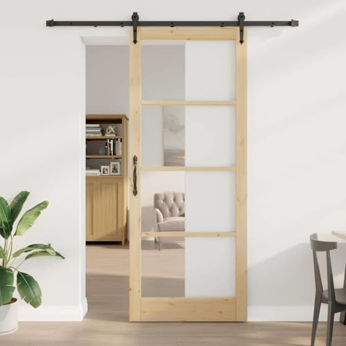 Mangloder Puerta corredera de madera maciza de pino y cristal negro natural, 93 x 232 cm, para interiores, silencioso, ahorro de espacio, moderno, para salón, dormitorio, cocina