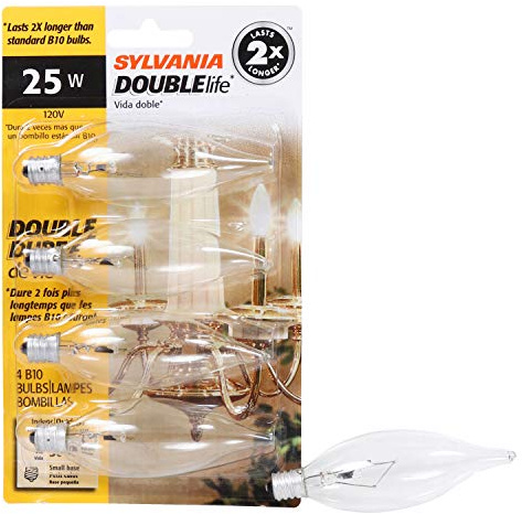Sylvania Double Life Incandescent Light Bulb, B10, 25W, 150 Lumens, 2850K, Candelabra Base, Clear, Soft White - 4 Pack (13306)