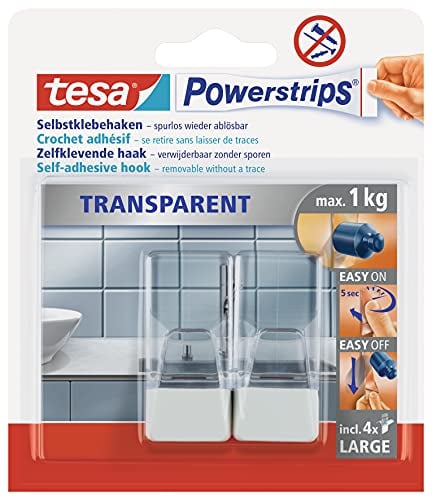 tesa Powerstrips Haken, transparent/weiß, für max. 1kg, Packung mit 2 Haken