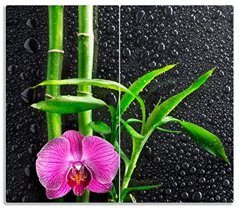 Wallario Herdabdeckplatte/Spritzschutz aus Glas, 2-teilig, 60x52cm, für Ceran- und Induktionsherde, Bambus und Pinke Orchidee auf schwarzem Glas mit Regentropfen